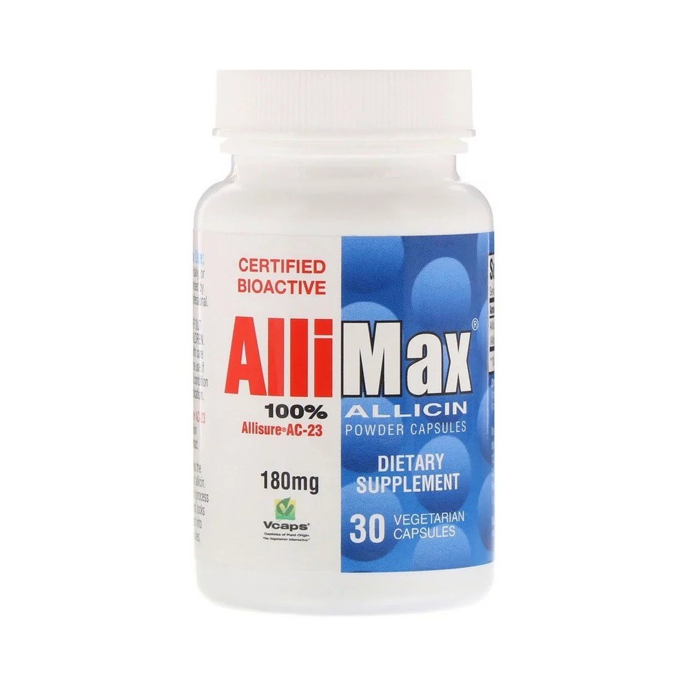 Allimax, 100% cápsulas de polvo de alicina, 180 mg, 30 cápsula vegetales AlliMax ALL-00000 Ayudas niveles Colesterol y Trigli...