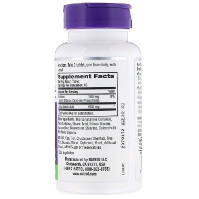 Acido Alfa Lipoico, liberación prolongada, 600mg 45 Tabletas, de Natrol Natrol NTL-05229 Complementos Alimenticios (Suplement...