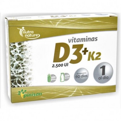 Vitaminas D3 2.500iu y K2 100pg. 60 Cápsulas de Pinisan Pinisan 106.00210 Articulaciones y huesos salud.bio