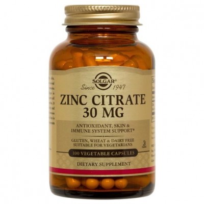 Citrato de Zinc 30 mg 100 capsulas vegetales de Solgar SOLGAR 103670 Sistema inmunitario salud.bio