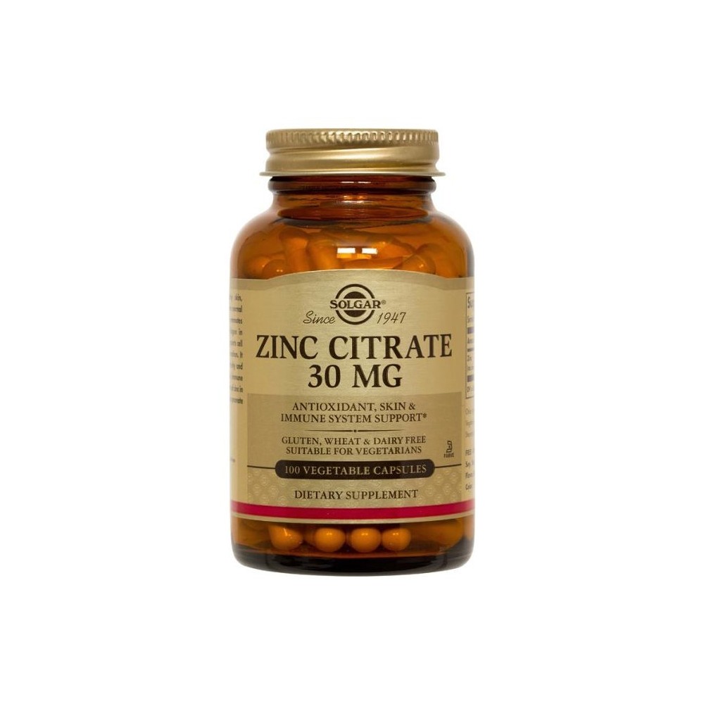 Citrato de Zinc 30 mg 100 capsulas vegetales de Solgar SOLGAR 103670 Sistema inmunitario salud.bio