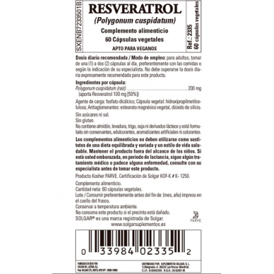 Resveratrol 100 mg (a partir de Polygonum cuspidatum) - 60 Cápsulas vegetales de Solgar SOLGAR 162335 Antioxidantes salud.bio