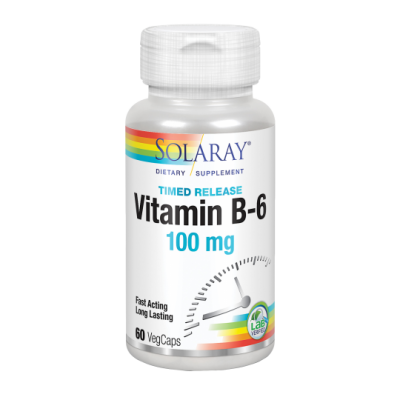 Vitamin B-6 100 mg- 60 VegCaps acción retardada. Apto para veganos de solaray SOLARAY 12742 Vitaminas y Minerales salud.bio