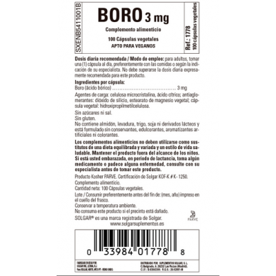 Boro 3 mg - 100 Cápsulas vegetales de Solgar SOLGAR 1001778 Vitaminas y Minerales salud.bio