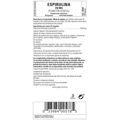 Espirulina 750 mg (Plancton) - 80 Cápsulas vegetales de Solgar Novadiet 1630028 Vitaminas y Minerales salud.bio