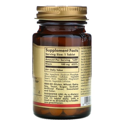 Niacina (vitamina B3), 100 mg, 100 comprimidos de Solgar SOLGAR SOL-01860 Vitamina B salud.bio