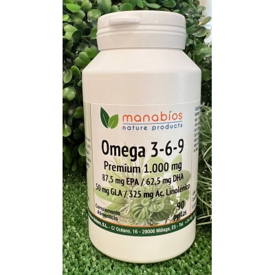 Omega 3, 6, 9 PREMIUM 90 perlas 1000mg de Manabíos Manabios MAN-111544 Ayudas niveles Colesterol y Trigliceridos salud.bio