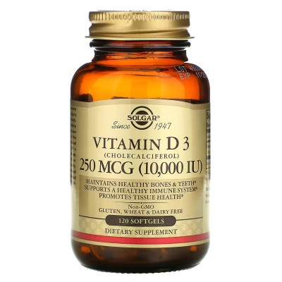 Vitamina D3 (colecalciferol), 250 mcg (10.000 UI), 120 cápsulas blandas de Solgar SOLGAR SOL-35872 Vitamina A y D salud.bio
