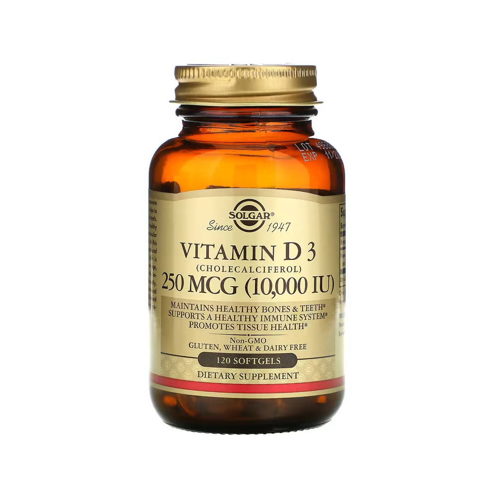 Vitamina D3 (colecalciferol), 250 mcg (10.000 UI), 120 cápsulas blandas de Solgar SOLGAR SOL-35872 Vitamina A y D salud.bio