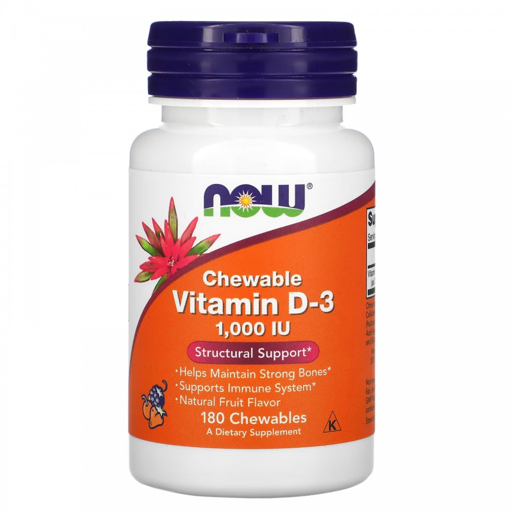Vitamina D3 masticable, Sabor natural a frutas, 1000 UI, 180 comprimidos masticables de NOW Foods now suplementos NOW-00357 V...