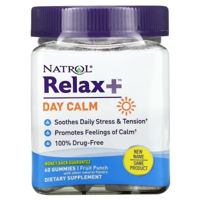 Relax +, Calma diurna, Ponche de frutas, 60 gomitas de Natrol Natrol NTL-07635 Estados emocionales, ansiedad, estrés, depresi...