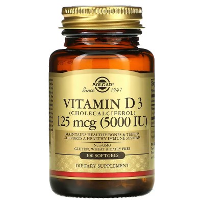 Vitamina D3 (colecalciferol), 125 mcg (5.000 UI), 100 cápsulas blandas de Solgar SOLGAR SOL-19377 Vitamina A y D salud.bio