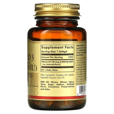 Vitamina D3 (colecalciferol), 125 mcg (5.000 UI), 100 cápsulas blandas de Solgar SOLGAR SOL-19377 Vitamina A y D salud.bio
