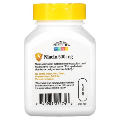 Niacina (B3) Liberación prolongada 500 mg, 100 comprimidos de 21st Century 21ST Century HealthCare CEN-27474 Vitamina B salud...