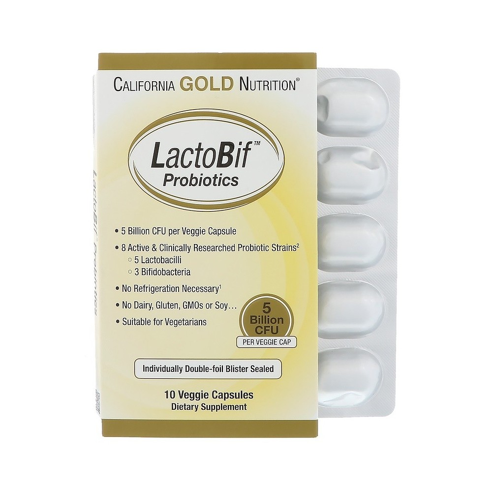 Probióticos LactoBif, 5 Billones CFU, 10 Cápsulas Veggie de California Gold Nutrition California Gold Nutrition CGN-00964 Ayu...