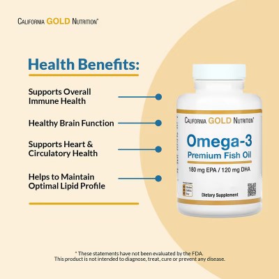 Aceite de pescado prémium con omega-3, 180 EPA/120 DHA, 100 perlas de California Gold Nutrition California Gold Nutrition MLI...