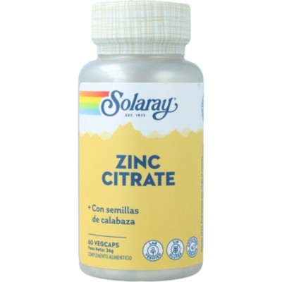 Zinc citrate 60 VegCaps. Sin gluten. Apto para veganos SOLARAY 4710 Sistema inmunitario salud.bio