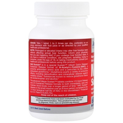 NAC Sustain, N-Acetyl-L-Cysteine, 600 mg, 100 Tabletas de Jarrow Formulas Jarrow Formula JRW-07001 Higado y sistema hepatobil...