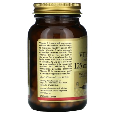 Vitamina D3 (colecalciferol), 125mcg (5.000 UI), 120 cápsulas blandas de Solgar SOLGAR SOL-03313 Vitamina A y D salud.bio