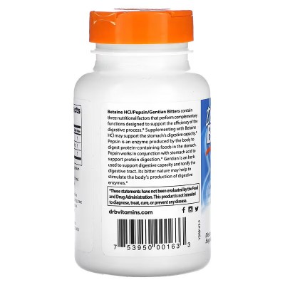 Betaína Clorhidrato con pepsina y amargo de genciana, 120 cápsulas de Doctor's Best DOCTOR'S BEST DRB-00163 Ayudas aparato Di...